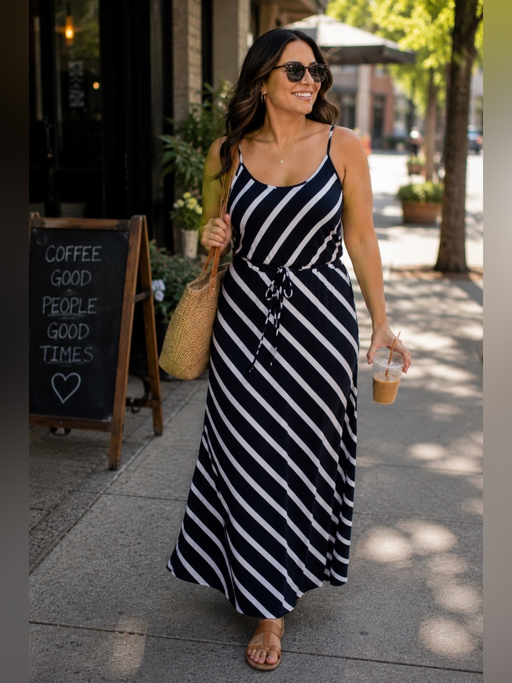 Annianna Black & White Striped Maxi Dress with Drawstring